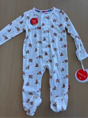 Magnetic Me White Footie Pajamas with Brown Bear Print